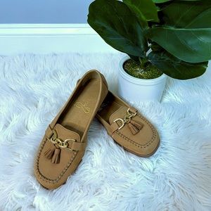 Brown, Sued, Square Toe, Aerosole Loafers with Gold Link Chain